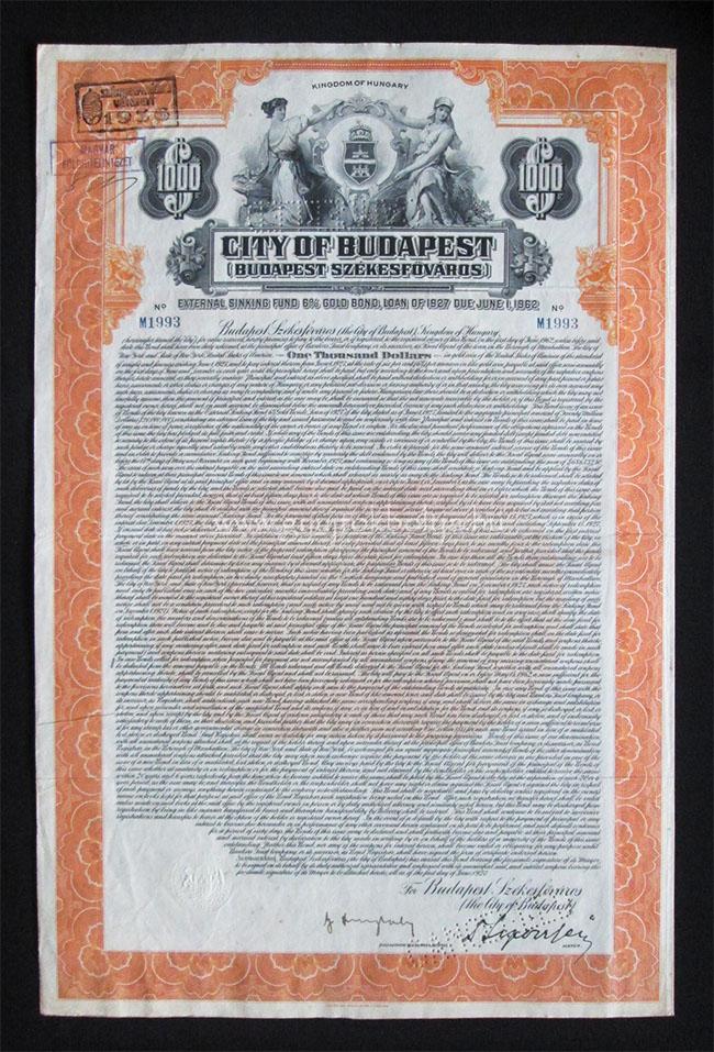 Budapest Szkesfvros ktvnye 1000 USA dollr 1927